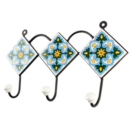 Turquoise Ceramic Floral Tile Hook